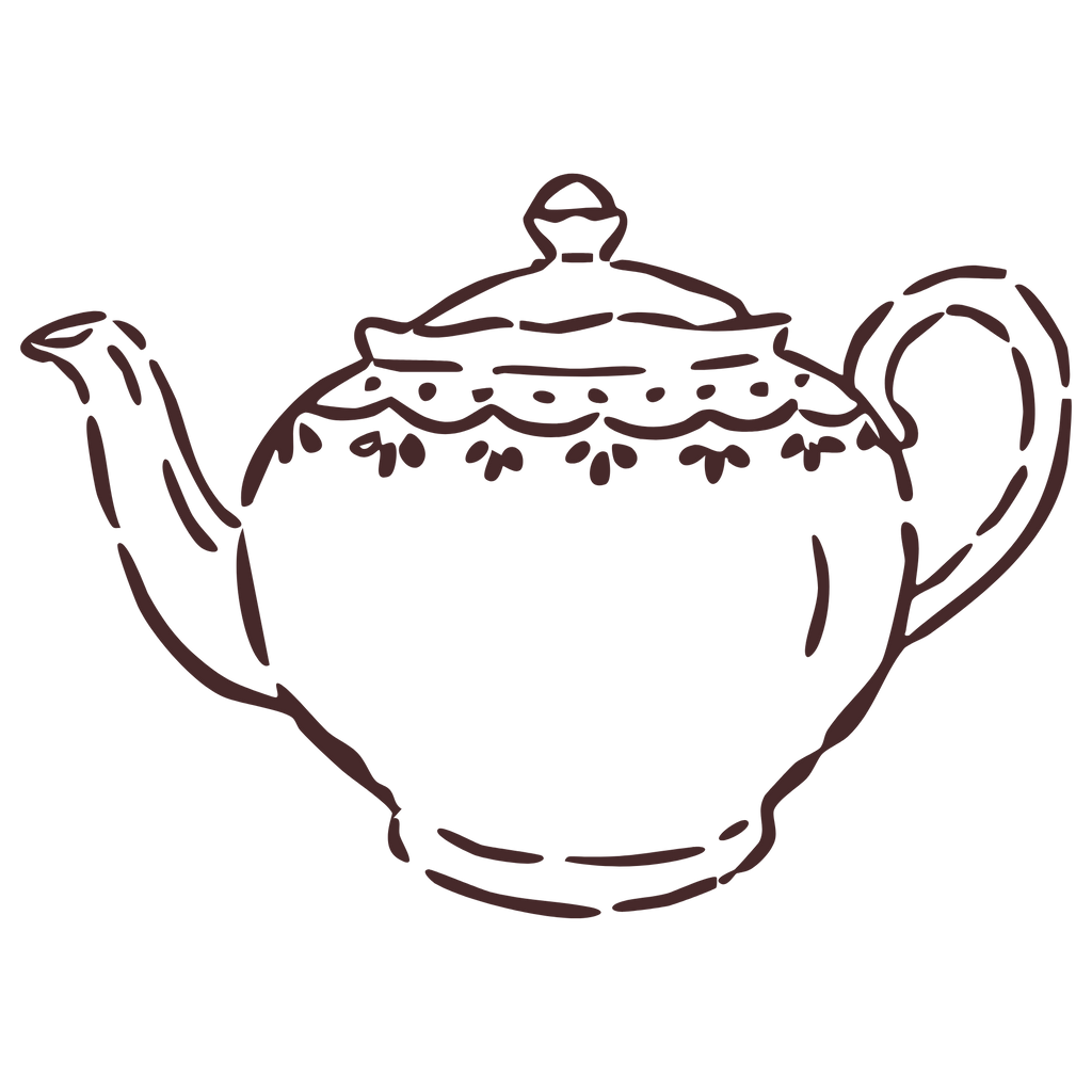 Sundays Tea line drawing of a decorative teapot on a white background
